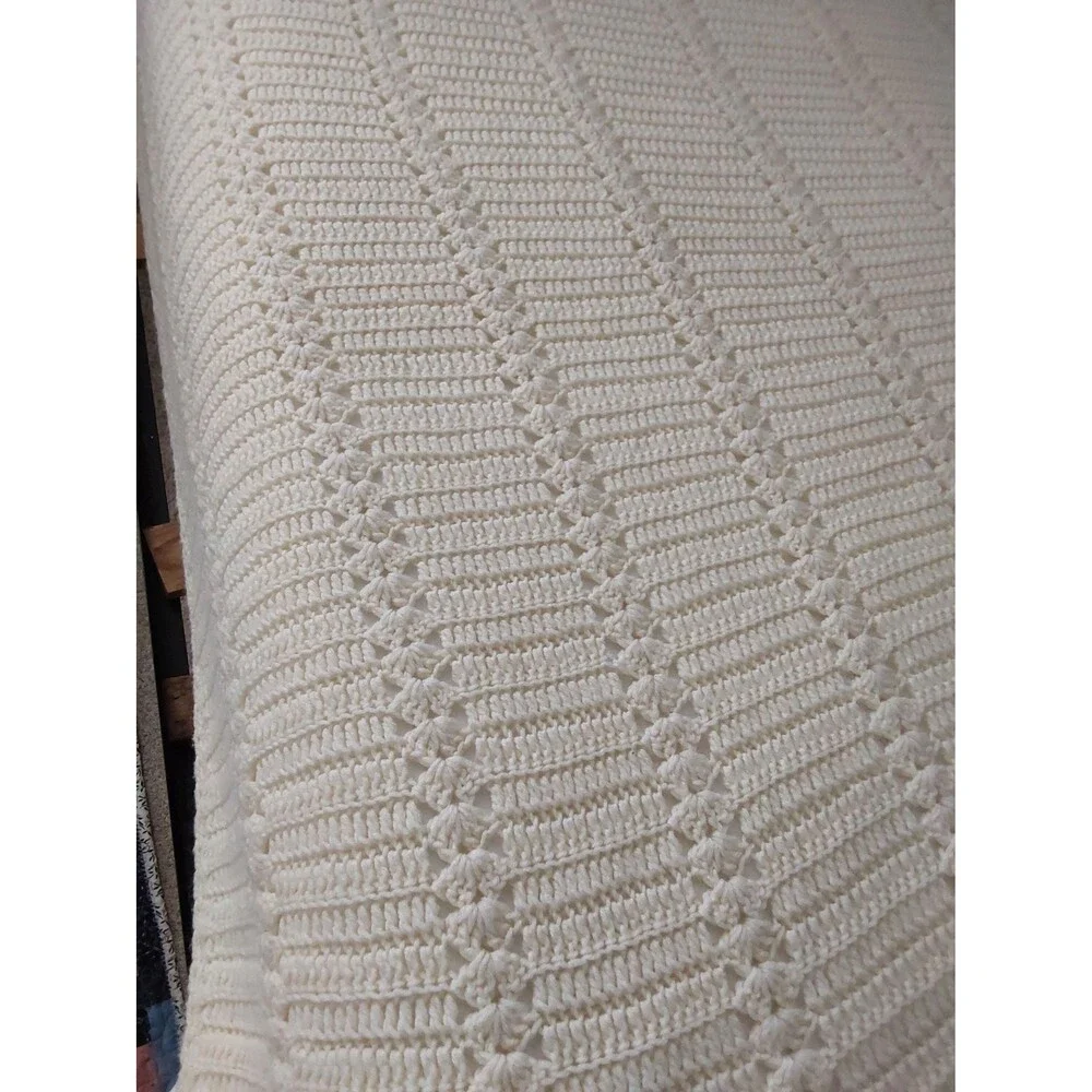 Vintage Hand Crocheted Afghan: Large Beige Throw, Full Size Coverlet